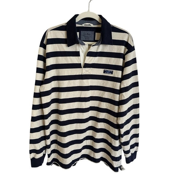 LL Bean Mens Medium Regular Striped Rugby Long Sleeve Polo Shirt Navy Cream Knit - Picture 1 of 7